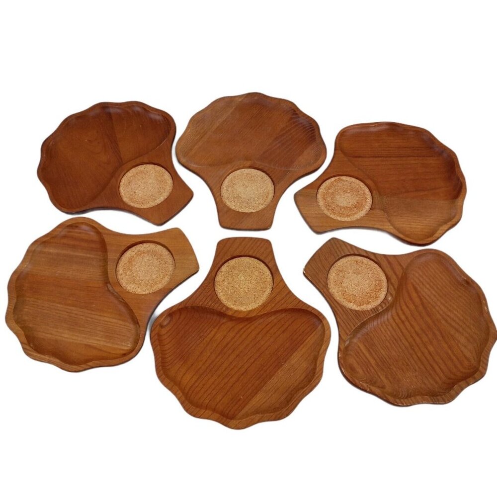 Woodcrest By Stetson Shell Shaped Teak Trays Made In Japan Set Of Six Vintage